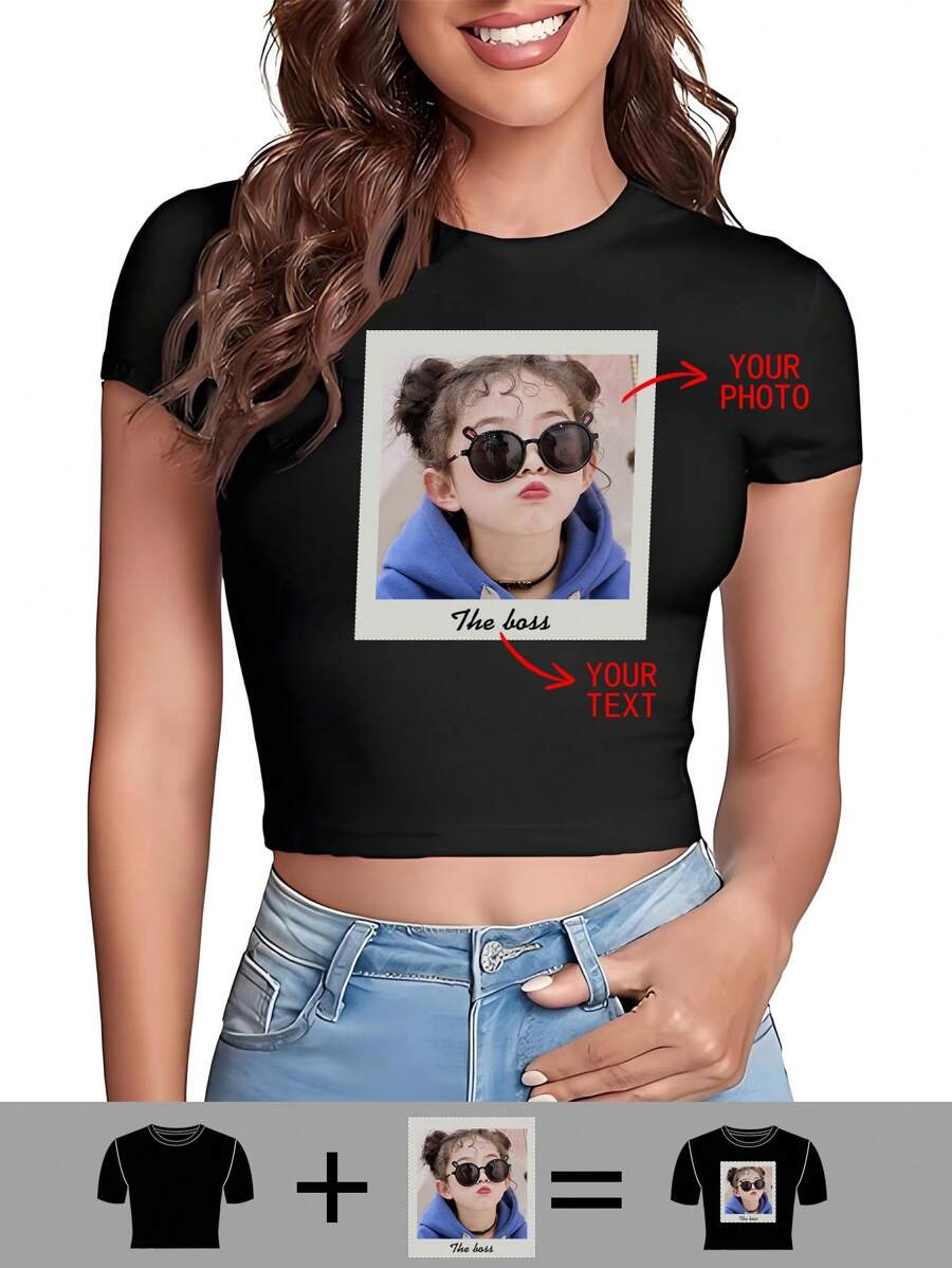 Personalized Photo/Pattern Customization On Women's Short Sleeve T-Shirt, Customized Designs For Friends/Family/Couples/Scenery/Pets, Suitable For Birthday/Anniversary/Valentine's Day Gifts