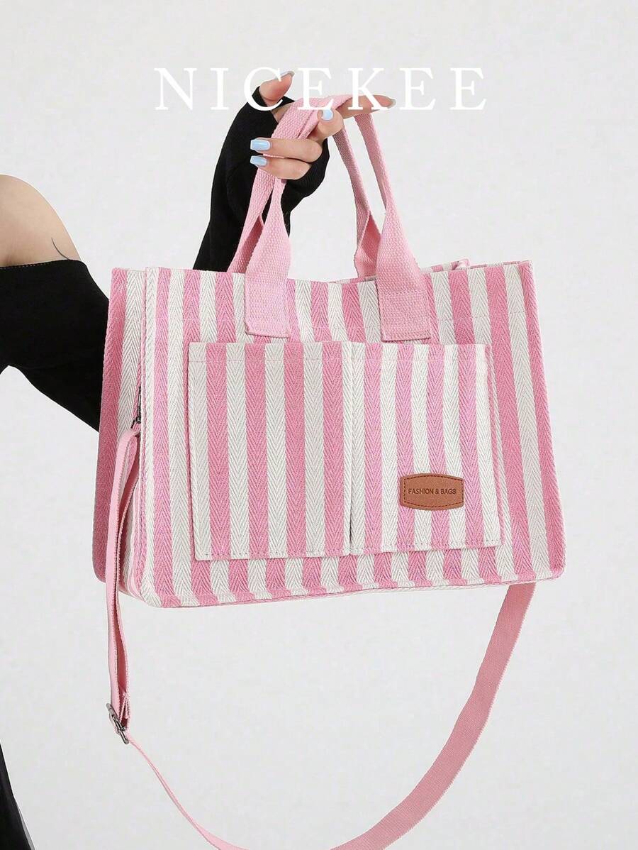 Versatile Vertical Stripes Hobo Shoulder Bag For Women Purse And Handbag, Large Capacity Multi-Pocket Canvas Shoulder Commuter Bag Handbags, Lightweight Casual Tote Shoulder Messenger Bag, Students School Laptop Bags Minimalist Sport Backpack With Multi Compartments & Multi Pockets, School Tote Bag, School Bookbag, Back To School Bags, Portable, Cute, Suitable For Teen Girls Women College Students, Perfect For Back To School, First Day Of School, College