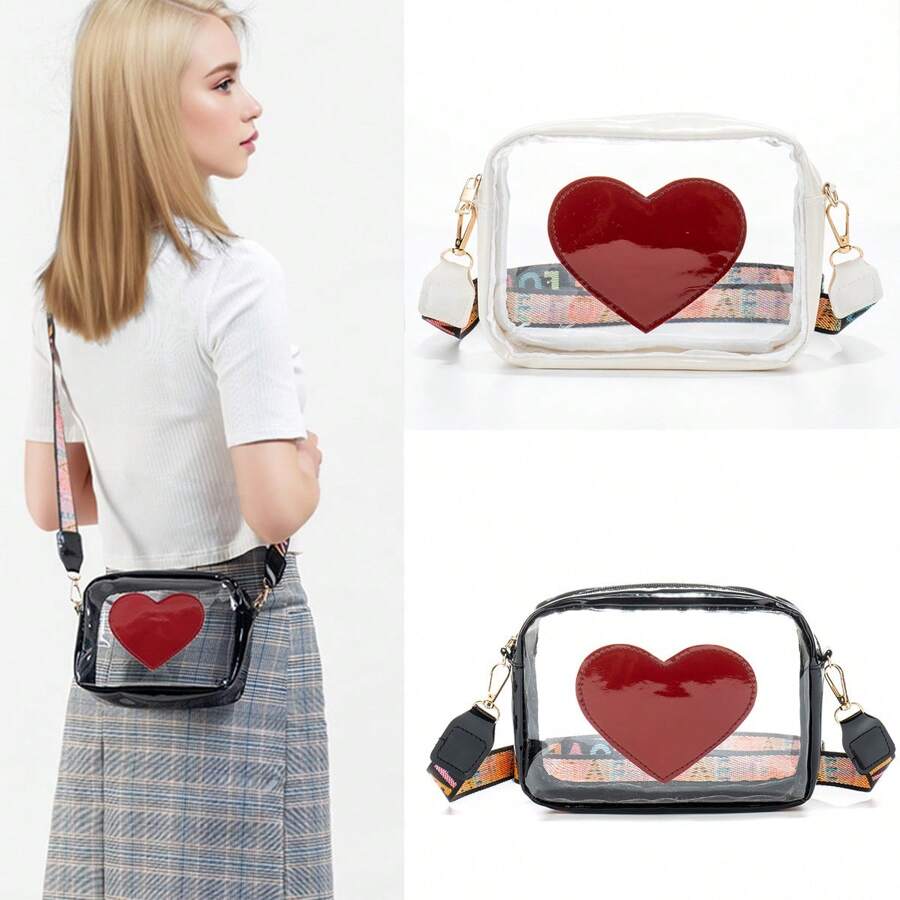 PVC Fashion Lettering Shoulder Camera Bag, Stylish And Simple Heart Decoration Transparent Jelly Sling Bag, Suitable For Travel And Vacation Waterproof Shoulder Bag, Perfect For Valentine's Day Gifts For Girlfriend, Lover, And Friends.