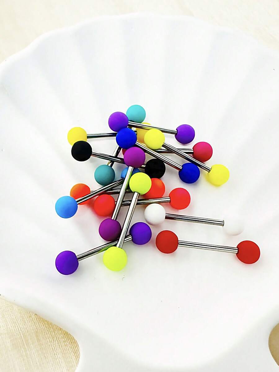 15pcs Multi-Color Acrylic Matte Finish Hypoallergenic Stainless Steel Tongue Rings, Suitable For Halloween, Festivals And Party Wear For Sexy Ladies