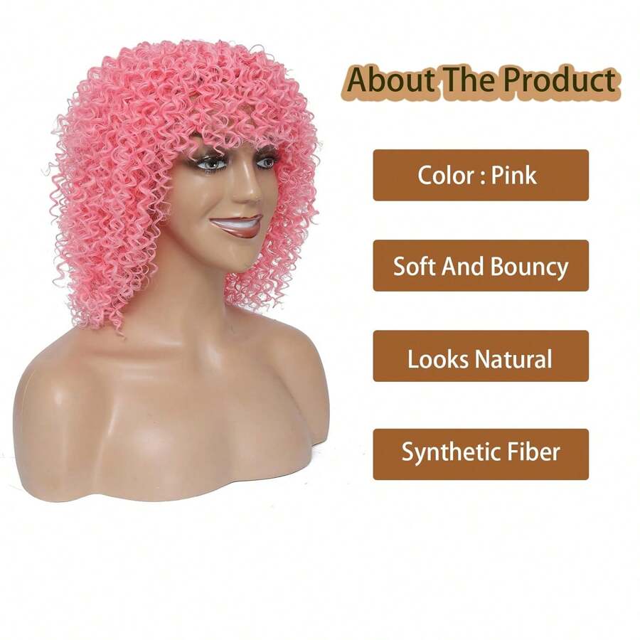 Kinky Curly Wigs Short Curly Afro Wig With Bangs For Women 12 Inch Easy To Use Wig Afro Synthetic Natural Wig For Daily Use
