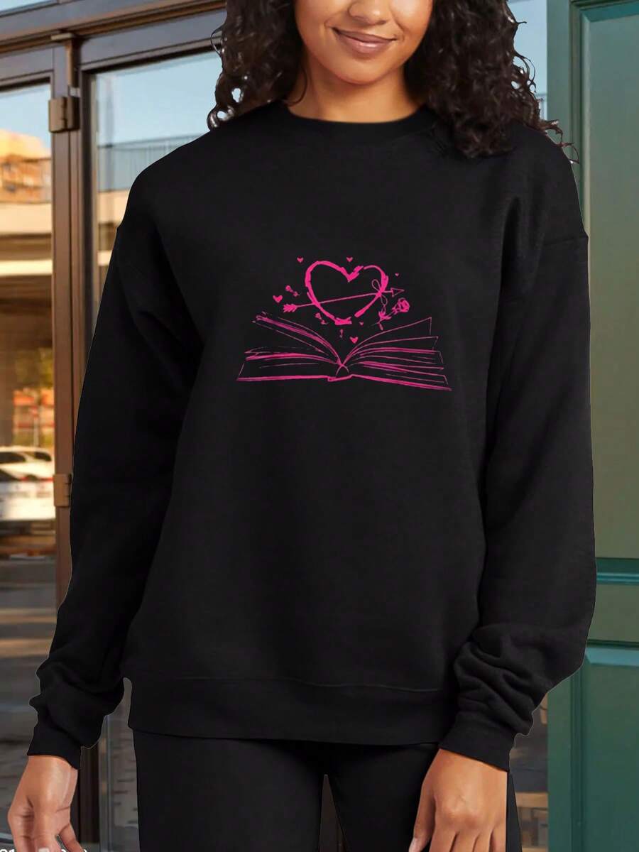 Valentine's Day Love Bookprint Crew Neck Sweatshirt For Men And Women, Suitable For All Seasons