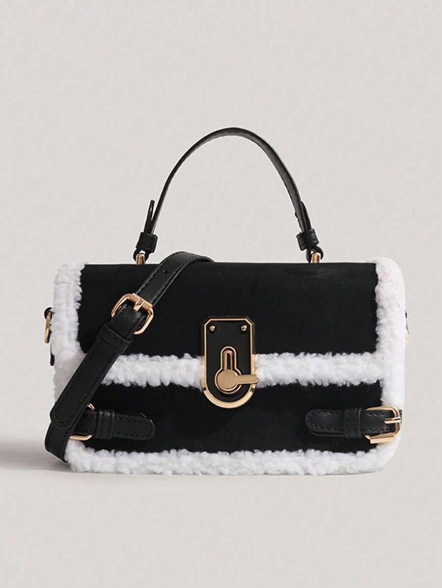 Nouveau sac carré feutré automne/hiver, sac à main femme moelleux avec fermeture à verrou, fourre-tout polyvalent vintage et sac bandoulière croisé