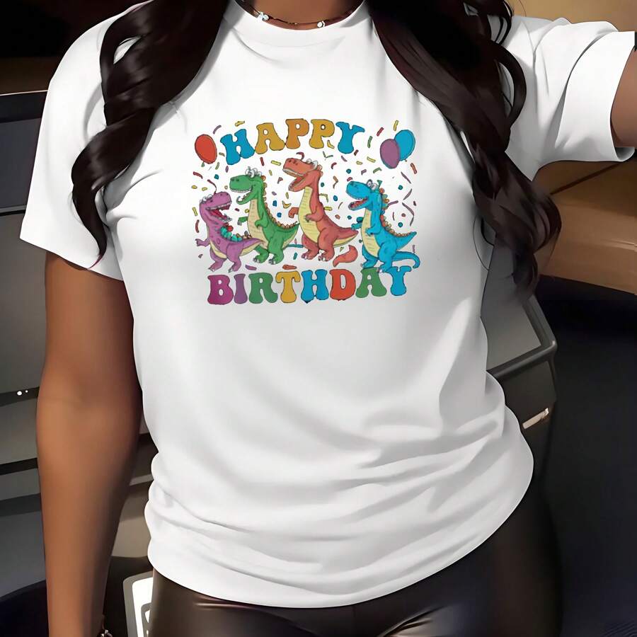 Happy Birthday Little Dinosaur Print T-Shirt For Men And Women Round Neck Cotton Short Sleeve Sports T-Shirt For All Seasons