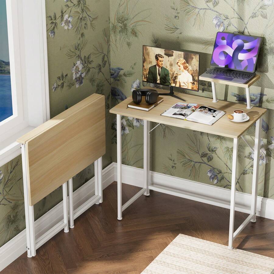 Tavolo per computer pieghevole, piccolo tavolo per computer pieghevole per studiare e lavorare in camera da letto o in soggiorno, 80x45x74 cm, stile moderno, robusta struttura in metallo, nero/bianco/rovere