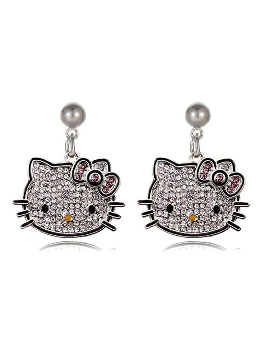 Sanrio 1 Pieza Pendientes de Kitty Kawaii de Sanrio Hello Kitty con alfileres de plata en forma de gatito, accesorios decorativos y regalos para fiestas (Algunas partes pueden ser aleatorias)