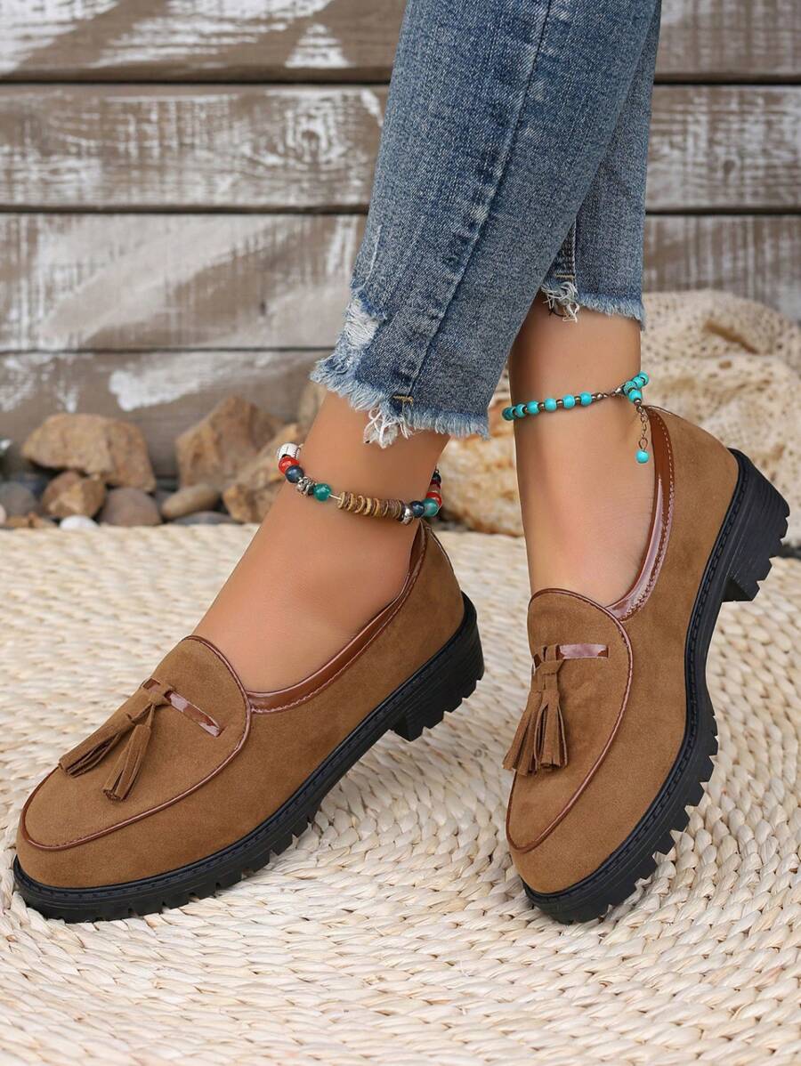 Mocassins décontractés à franges, plateforme rétro, bout pointu, plates-formes pour femmes