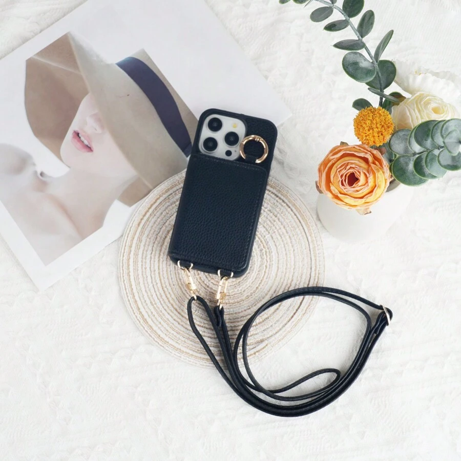 1 pieza Funda de protección tipo planificador, Funda protectora de hombro cruzado para teléfono inteligente de moda, con soporte lateral ajustable, espejo de maquillaje, correa para el cuello, ranuras para tarjetas y monedero