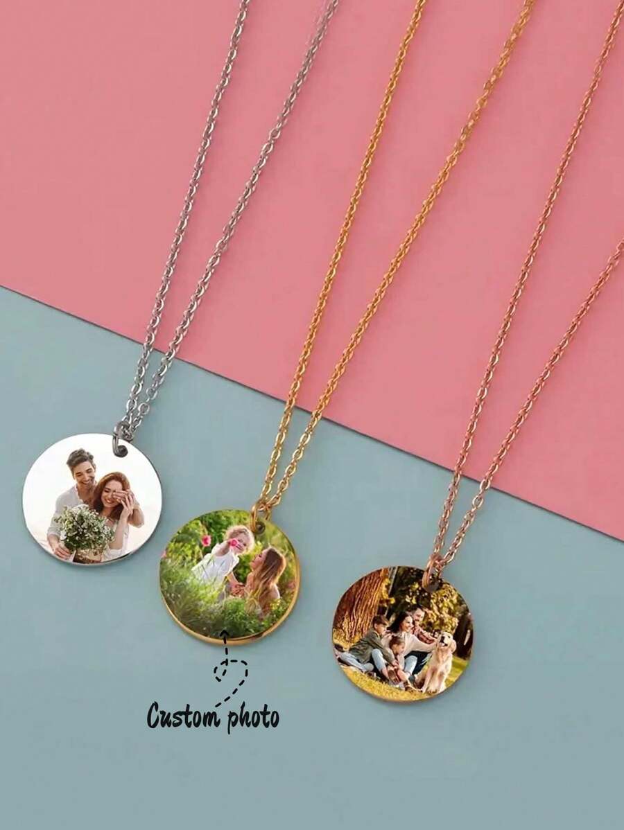 1pc Custom Photo Pendant Necklace - Stainless Steel, Geometric Circular Design DIY Gift - Perfect Gift For Mother's Day, Valentine's Day, Birthday, Wedding Etc., Mirror, Grandma's Day, Homecoming, Anniversary