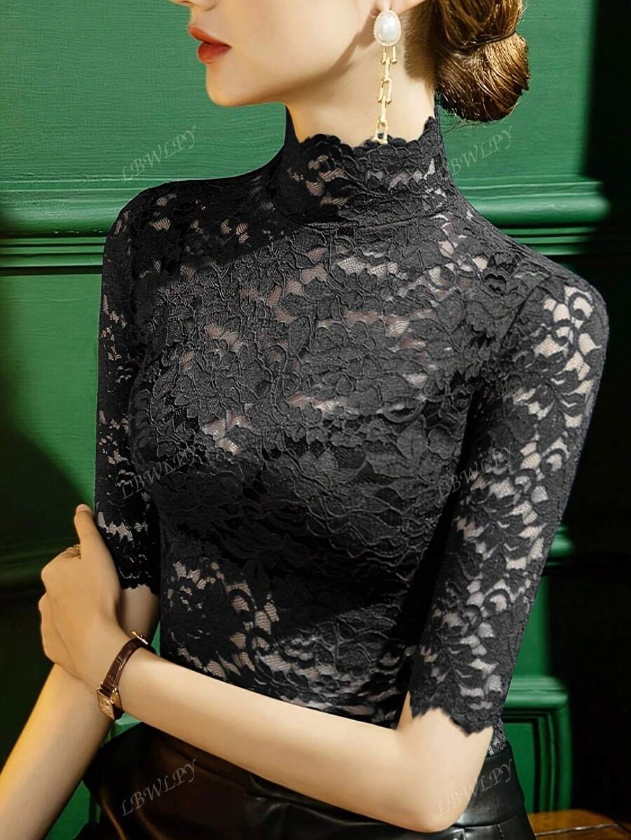 Neue Damen Bluse mit Spitzeneinsatz, schmale Passform, Schlupfkragen, 3/4 Ärmel für den Sommer