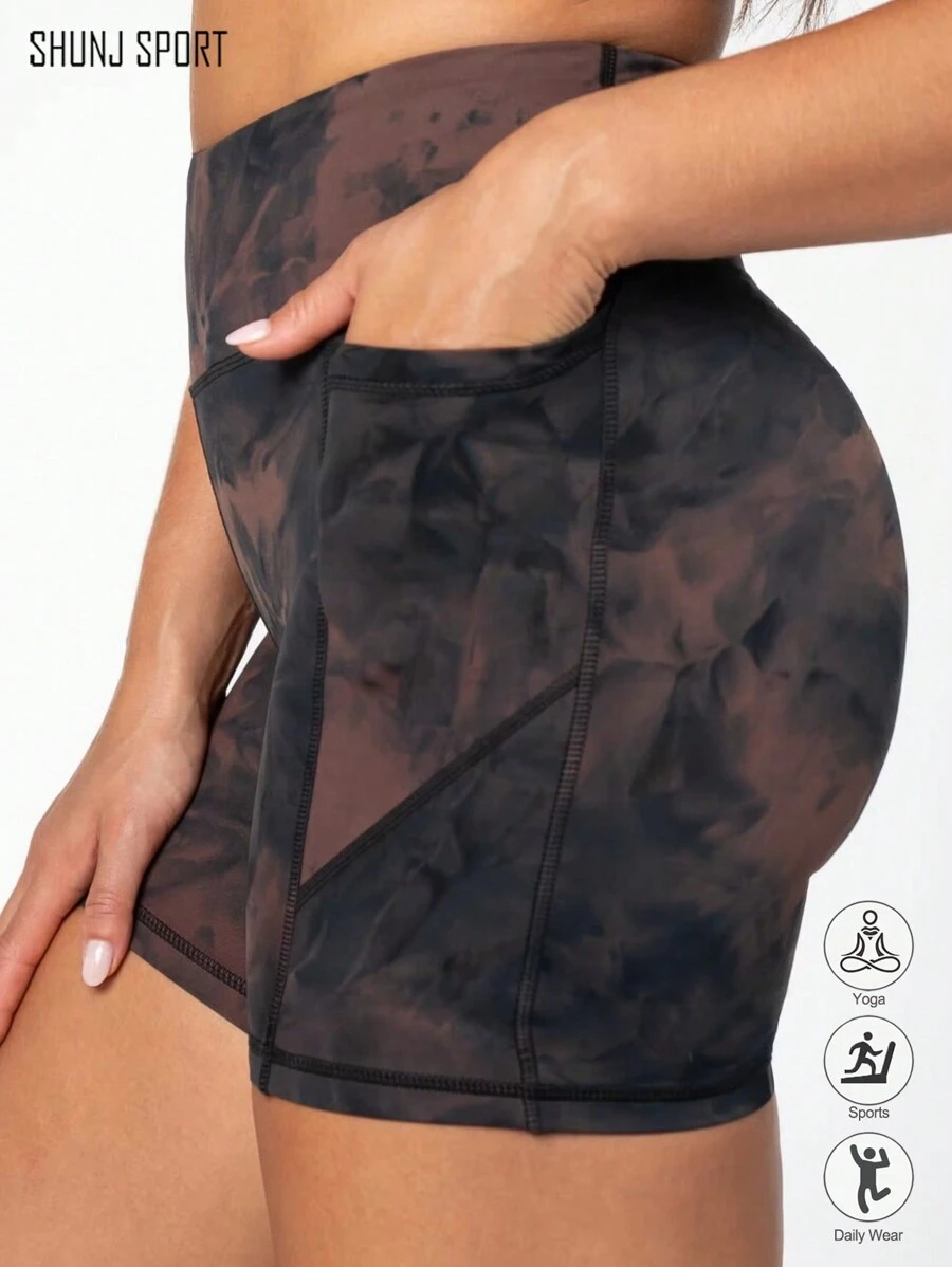 Short de entrenamiento de talle alto y adelgazante para mujer, pantalones cortos deportivos, de yoga, carrera y ciclismo para damas, con estampado de teñido anudado y bolsillos, shorts de ejercicio para bicicleta