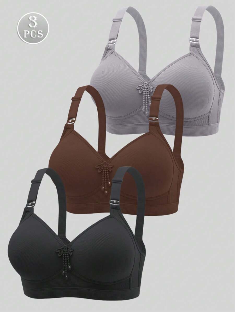 Set de 3 piezas de lencería con sujetador sin aros que levanta y sostiene, unicolor, ropa interior cómoda para uso en el hogar