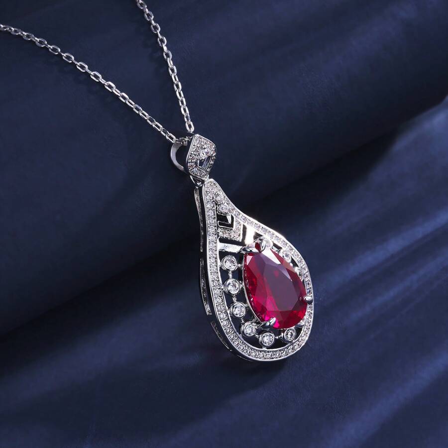 Elegant Copper Electroplated Platinum Retro Palace Style Wine Red Teardrop Synthetic Ruby Pendant Necklace, Unique Design, Minimalist Luxury, Romantic Bridal Wedding Necklace