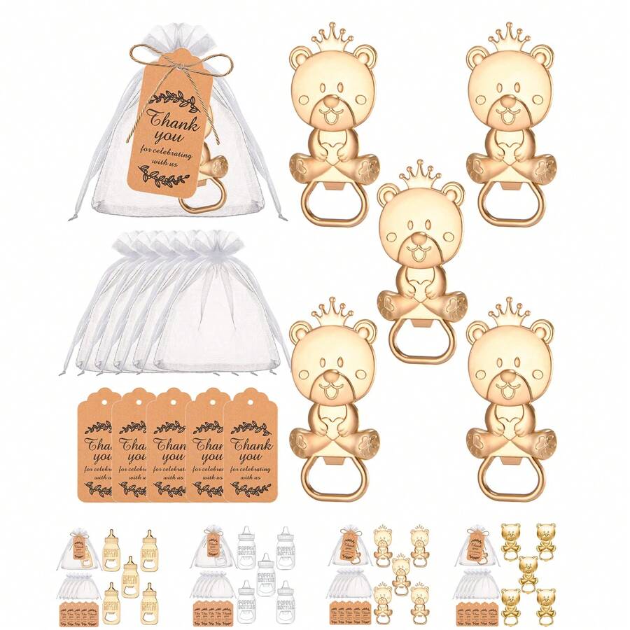 5 Sets Flaschen-Öffner-Geschenkset mit Bär-Flaschenöffner Dekorationen und Souvenirs, enthält 5 Flaschenöffner, 5 Organzabeutel und 5 Dankeskarten als Gastgeschenk, Geburtstags-Geschenk, Duscherparty Dekoration und Zubehör
