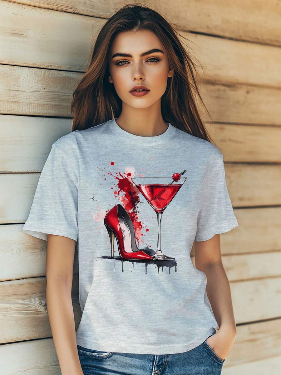 Women's Wine High Heel Lady Sexy Cartoon Print T-Shirt Fashion Short Sleeve Round-Neck Slm Fit Tops Summer Casual Streetwear