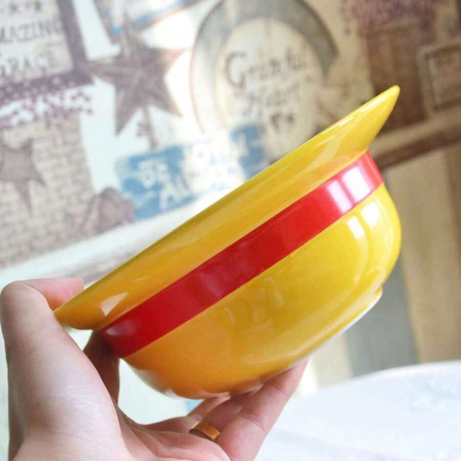 Yellow Straw Hat Ramen Bowl Set, Ceramic Straw Hat Bowl With Wooden Spoon & Chopsticks
