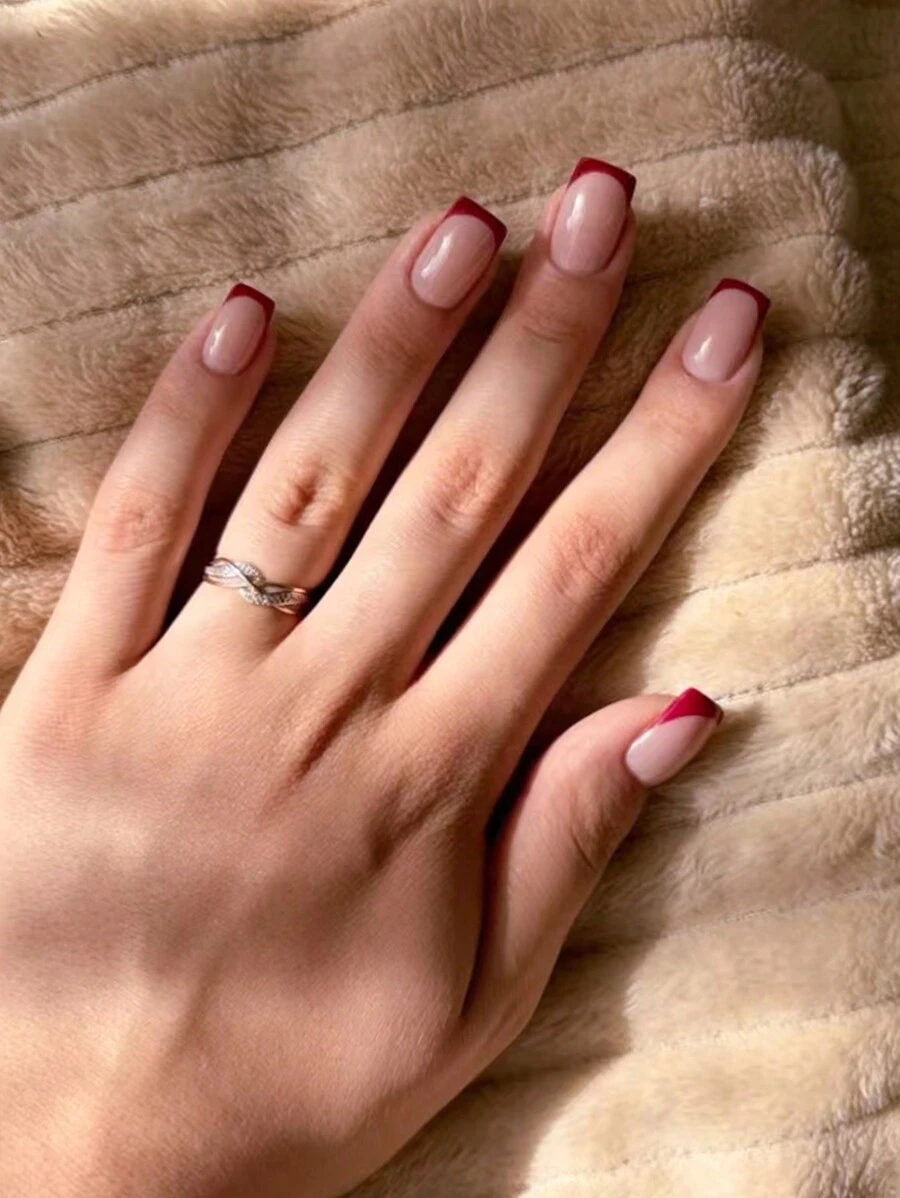 Instantly Upgrade Your Look With 24pcs Medium Square Press On Nails Classic Vintage Burgundy French Fake Nails Fashion Daily Bordeaux Red Narrow Edge French Wear Nail Set Full Cover Fake Nails For Women And Girls Includes 1 Sheet Adhesive Tabs & 1 Pc Mini File Strip Jelly Gel Random Shipment