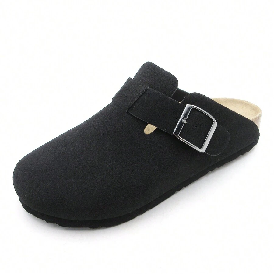Women's Suede Clogs With Buckle Closure And Rubber Sole