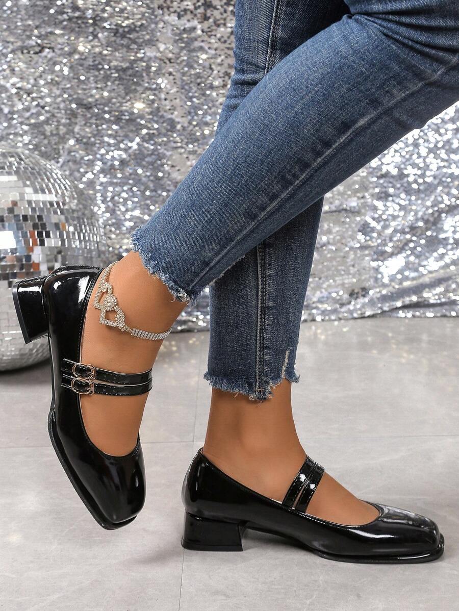 Women's Fashion Buckle Comfortable Glossy Chunky Heel High Heels, Black Patent Leather Mary Janes Shoes With School Style, Suitable For All Seasons