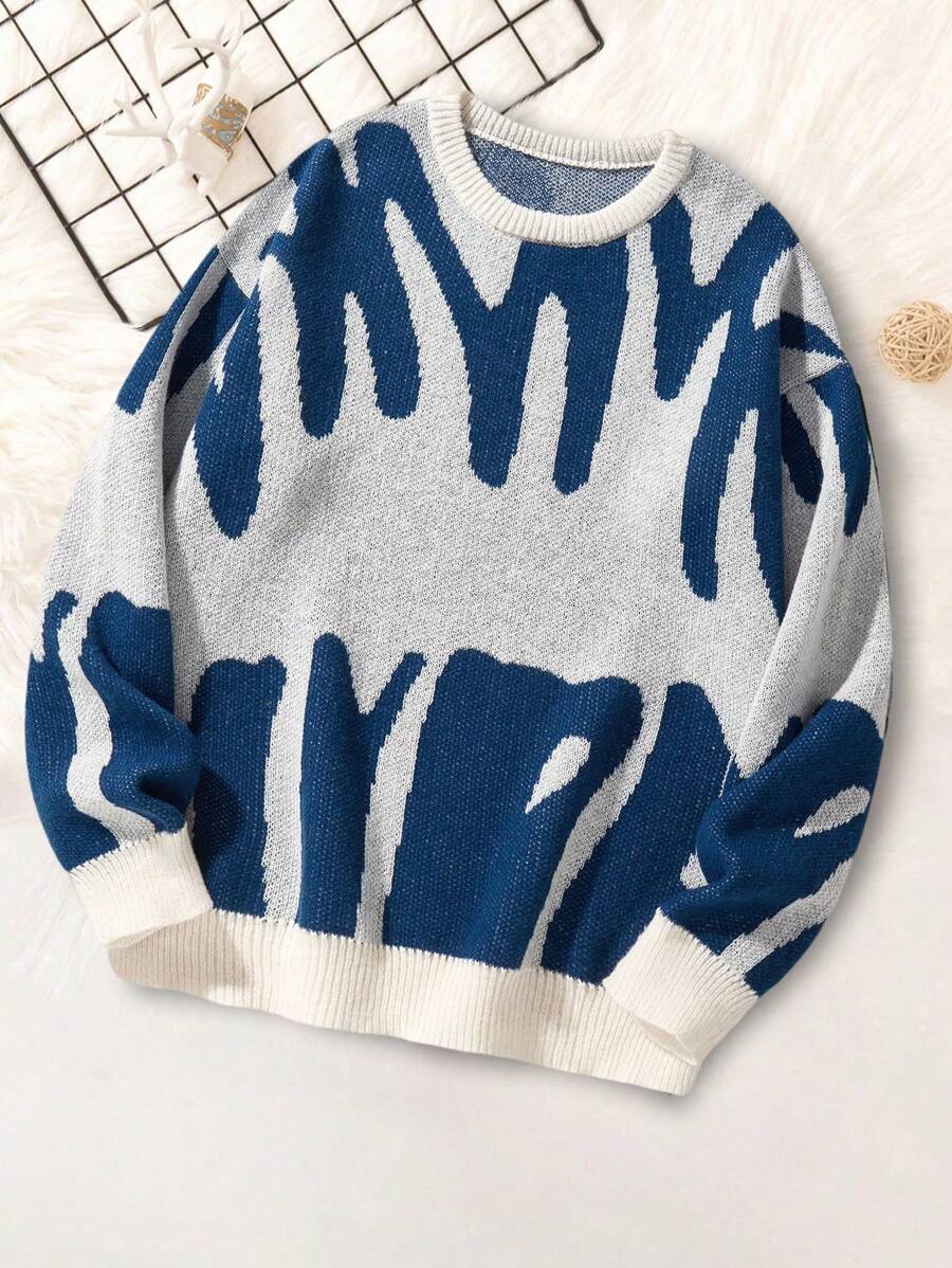 1 pieza Suéter de punto casual con remiendo vintage para adolescentes varones, adecuado para exteriores en otoño/invierno