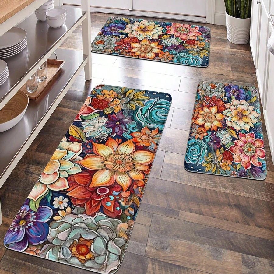 1pc Home Decor, Room Decor, Bathroom Decor, Bathroom Bath Mat, Bathroom Non-Slip Mat, Kitchen Decor, Kitchen Mat, Bathroom Set, Entryway Rug, Door Mat, Soft Plush Surface, Home Decoration, Anti-Fatigue Mat, Colorful Retro Floral Pattern Mat, Bohemian Style, Soft & Comfortable Surface, Relaxes Feet, Relieves Fatigue Floor Carpet Outdoor Rug Door Mat