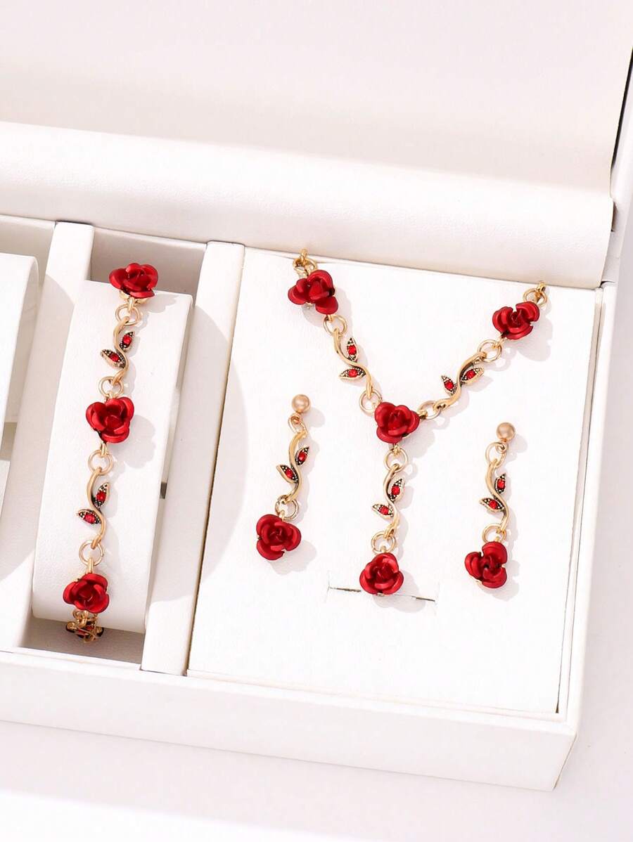 1 pièce Collier + 1 pièce Bracelet + 2 pièces Boucles d'oreilles Ensemble de bijoux, Décor de fleur de rose vintage en cristal, Collier, Bracelet, Boucle d'oreille de rose rouge/bleue élégante personnalisée, convient aux femmes