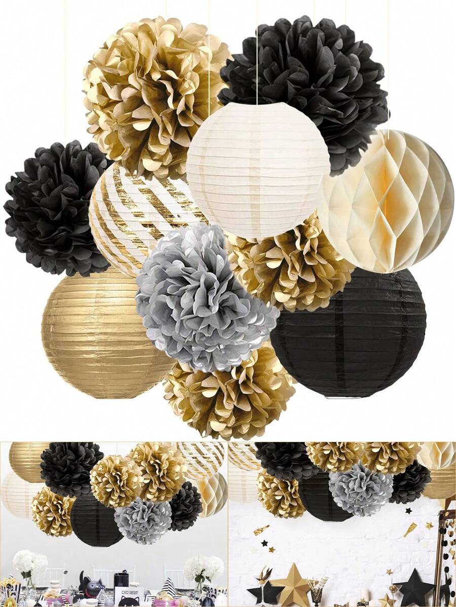 11pcs Black & Gold Circular Lantern Honeycomb Balls Party Decorations, Birthday Party Supplies, Holiday Party Decor, Indoor Outdoor
