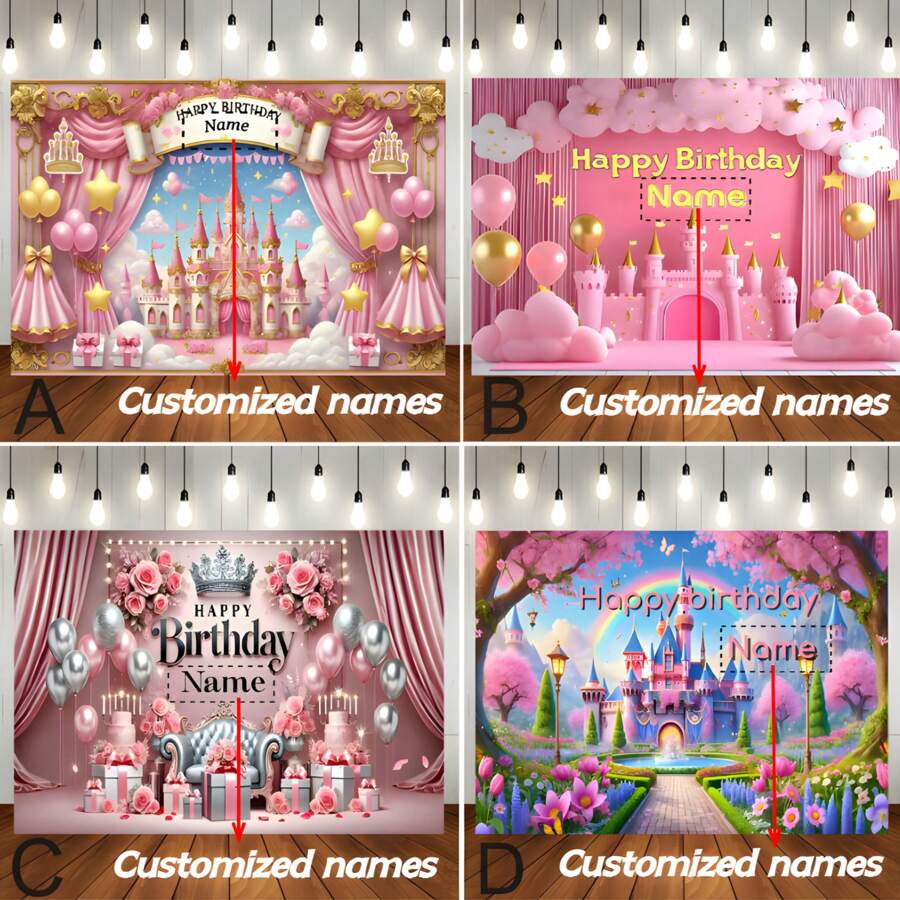 Diseño de fondo personalizable con globo con texto de cumpleaños feliz, nombre y decoración de castillo floral rosa para fiesta de princesa. Decoración de mesa de pastel, fondo de fotografía y cabina fotográfica para fiesta de cumpleaños de princesa en vinilo