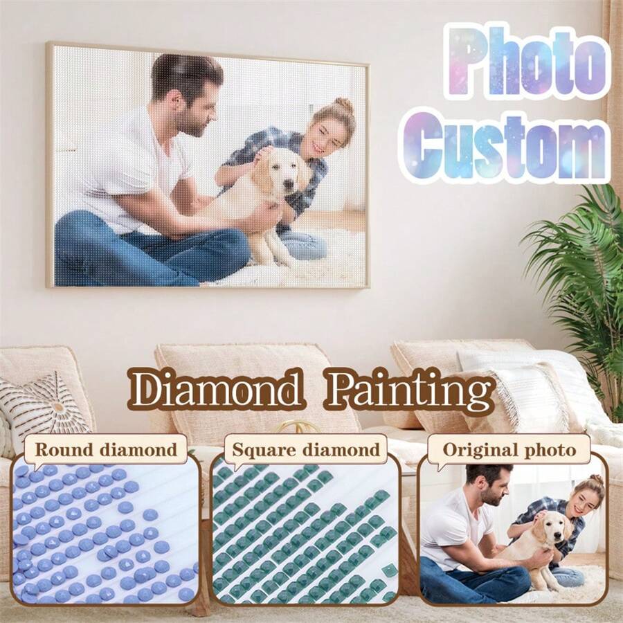 HuaCan HuaCan Custom Photo Diamond Mosaic Personalised Pet Diamond Painting Full Square Round Rhinestones Arts And Crafts Handmade Gift For Him Her Boyfriend Girlfriend For Anniversaries For Valentine's Day For Wall Decor Living Room