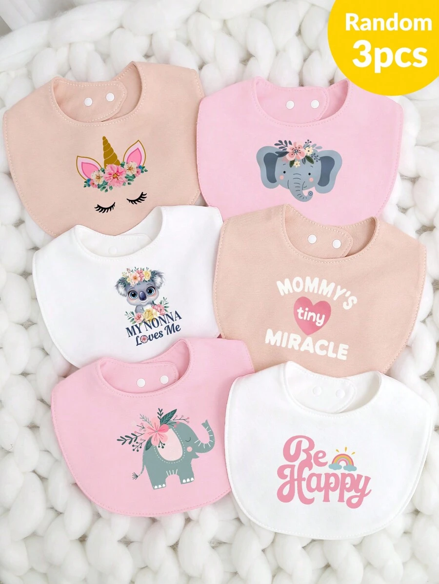 momscare 3pcs/Set Random Baby Bibs With Cute Animal & Heart Patterns, Suitable For Valentine's Day