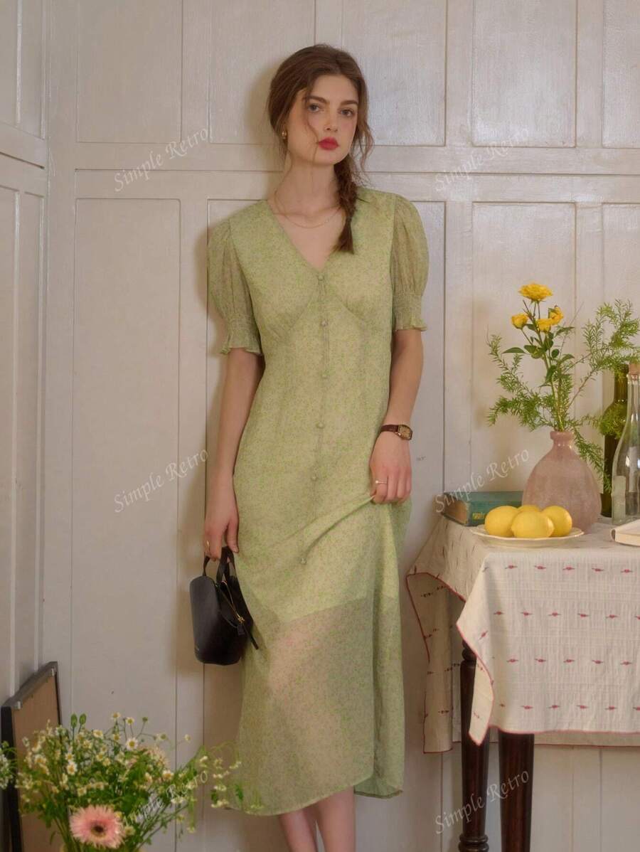 Simple Retro Dames lente en zomer resort stijl V-hals pofmouwen bloemen elegante retro elegante slanke maxi-jurk