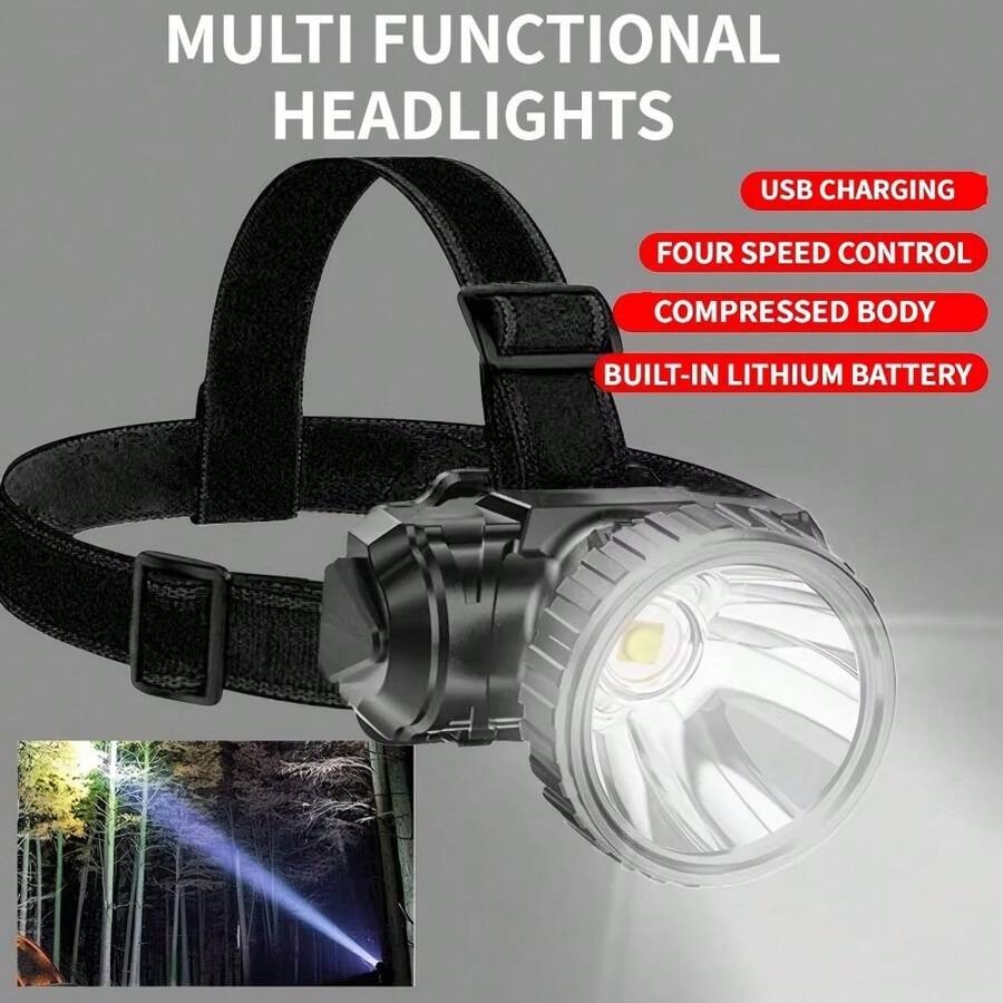 KENSUN 1 قطعة مصباح رأس بإضاءة قوية بتقنية LED للأنشطة الخارجية والصيد، بإمكانية إعادة الشحن عبر منفذ يو إس بي، مصباح رأس قوي بطارية مدمجة للتخييم والركض وإنارة المخيم، من ملحقات التخييم
