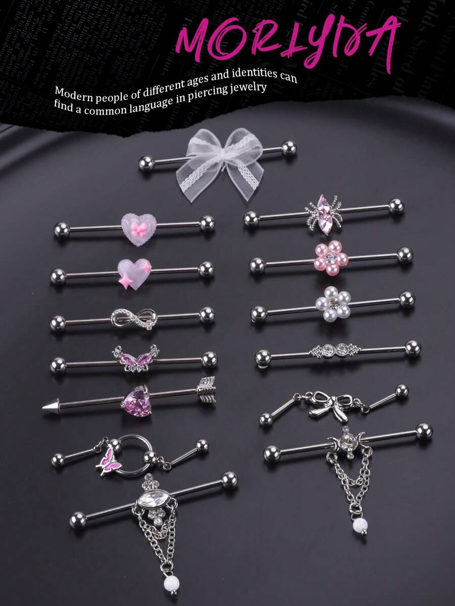1 pieza Pendiente industrial de flor colorida y dulce con perla falsa, pendiente industrial de acero inoxidable con corazón rosa para mujer y hombre, piercing de cartílago y hélix, barra industrial de 38 mm (1 1/2 pulgadas) con lazo blanco para bodas, san valentín, navidad, fiestas, uso diario y salidas sociales