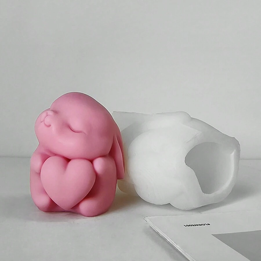 Stampo in silicone a forma di cuore con coniglietto carino, per artigianato fatto a mano