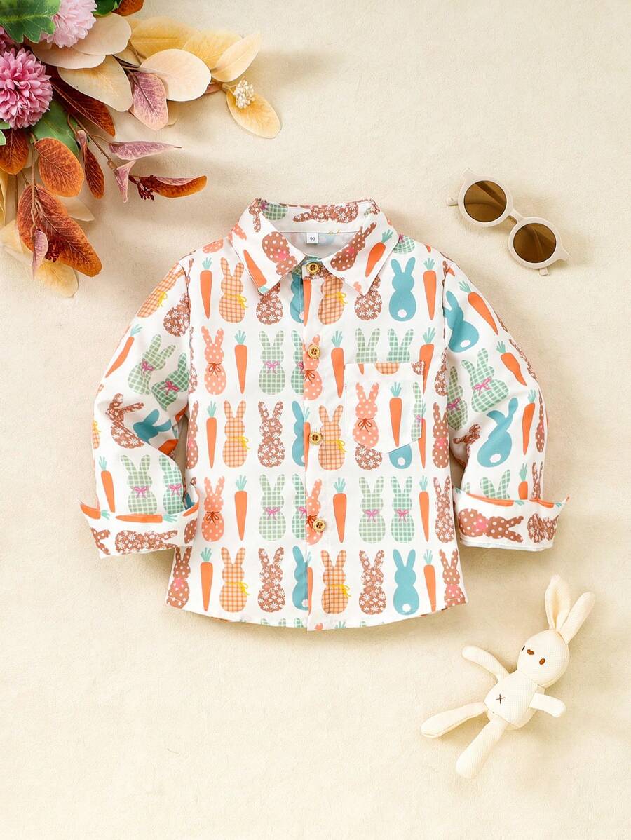 Camicia a maniche lunghe da ragazzo con stampa colorata pasquale e colletto, adatta per primavera/estate