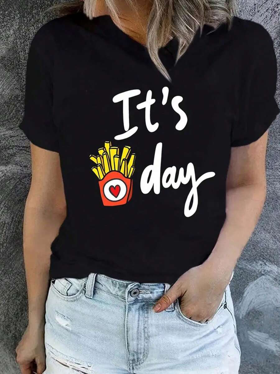 It's Day French Fries Graphic Printed T-Shirt, Women's Round Neck Short-Sleeved Top, Soft And Breathable, Suitable For Outdoor Sports, Comfortable And Casual Clothing