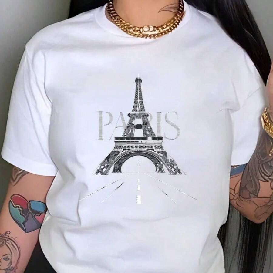 Eiffel Tower Print Casual T-Shirt, Crew Neck Short Sleeve Top For Spring & Summer, Women's Clothing1