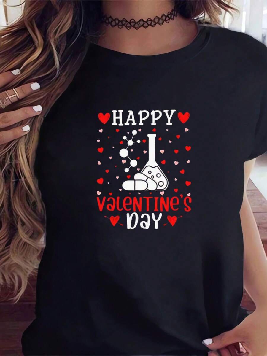 Women's Valentine's Day Science Lover Design Graphic T-Shirt Casual Shirt Cotton Crew Neck Short Sleeve Daily Wear
