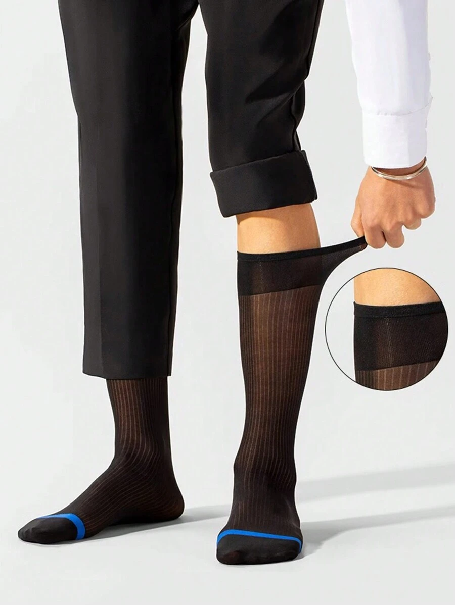 4 Pairs Men's Thin Dress Socks, Textured Black Formal Mid Calf Breathable Gentleman Suit Socks, Autumn/Winter