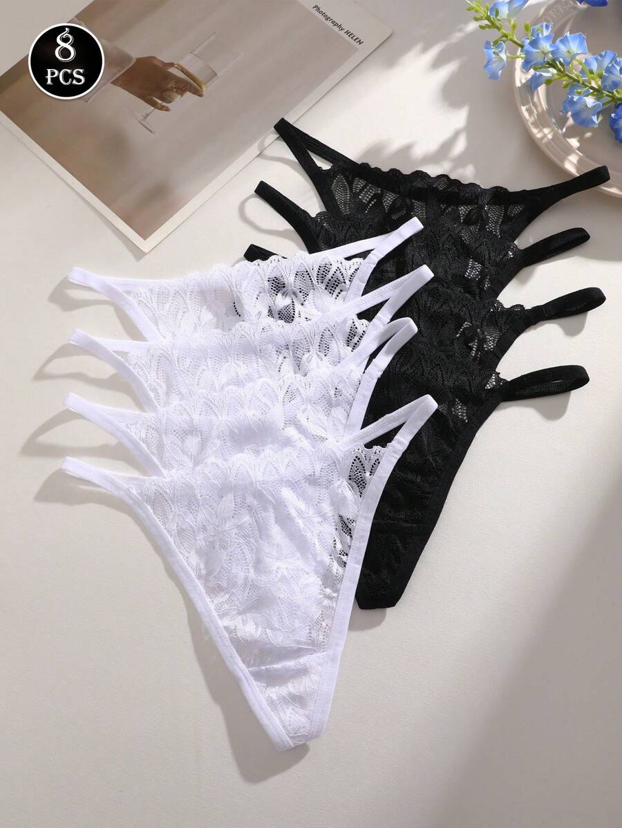 Set de 8 tangas con encaje de unicolor, sexy y transpirable, para uso diario de mujeres, primavera/verano