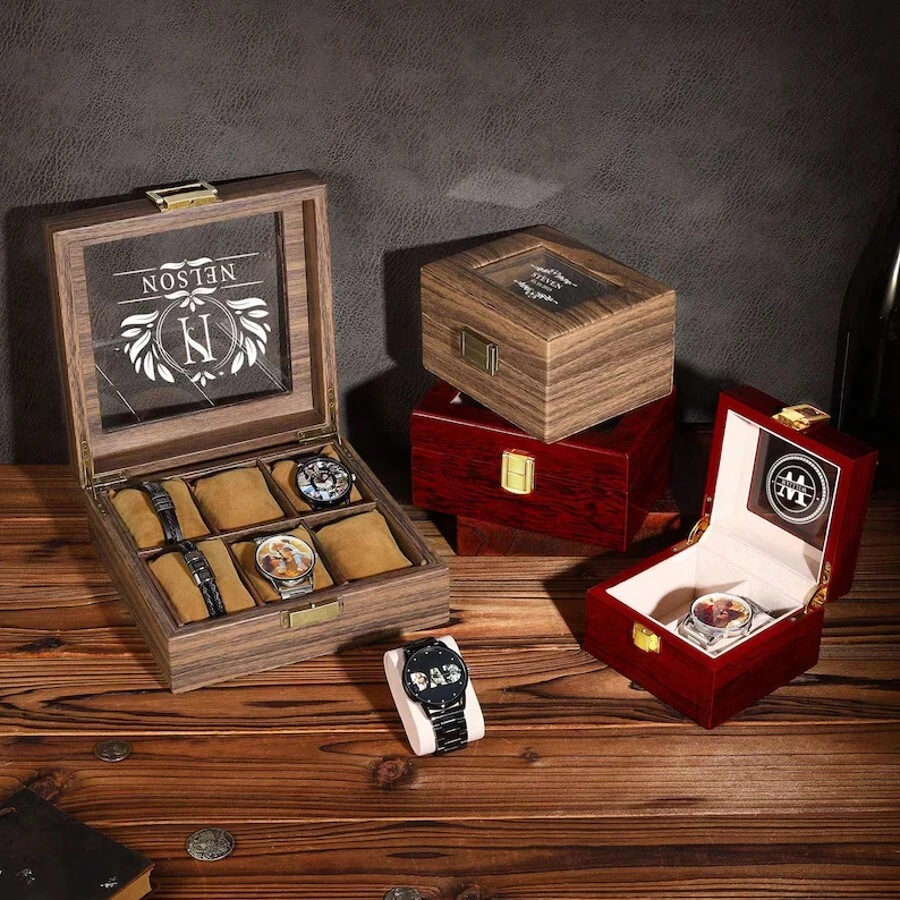 Caja de reloj personalizada de madera para hombres, caja de reloj grabada, estuche de reloj personalizado, organizador de relojes, regalo de aniversario para él, regalo para padrinos, regalo para hombres
