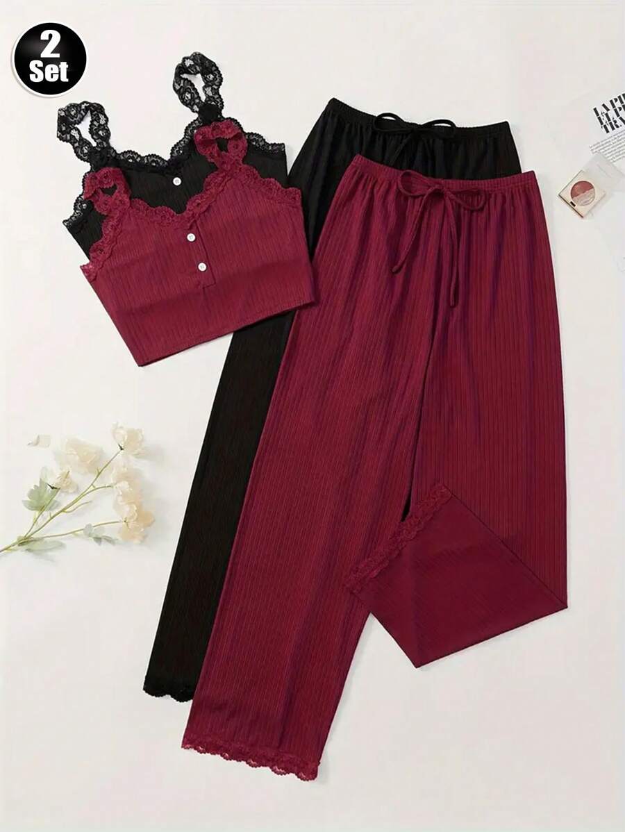 2 pièces Ensemble femme casual de couleur unie avec garniture en dentelle contrastée, Top brassière en maille côtelée avec bouton et détail col en V, pantalon, tenue de maison et vêtement de nuit confortable, ensemble deux pièces, vacances