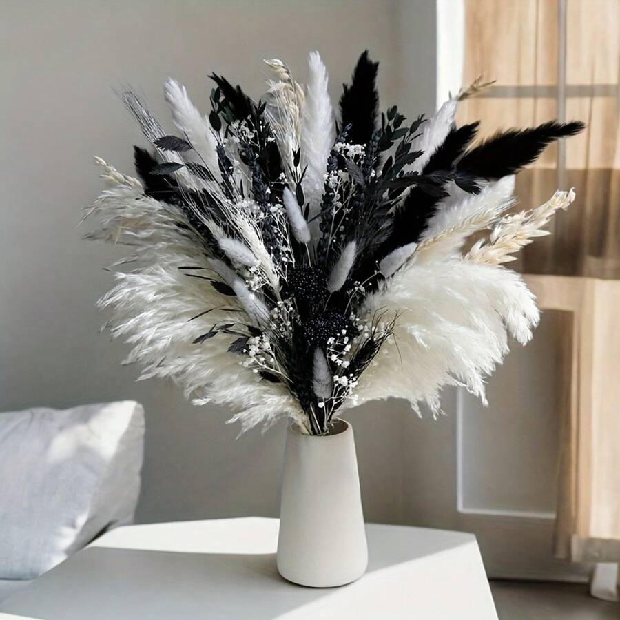 50/60 pezzi profumo di fiori secchi di lusso neri e bianchi - 50 pezzi di erba delle Pampas, code di coniglio, canne di palude, fiori di campo, lavanda e piante secche, ideali per matrimoni, decorazioni per la casa, centri eventi, regali per profumo da sposa, compleanni, lauree, decorazione autunnale