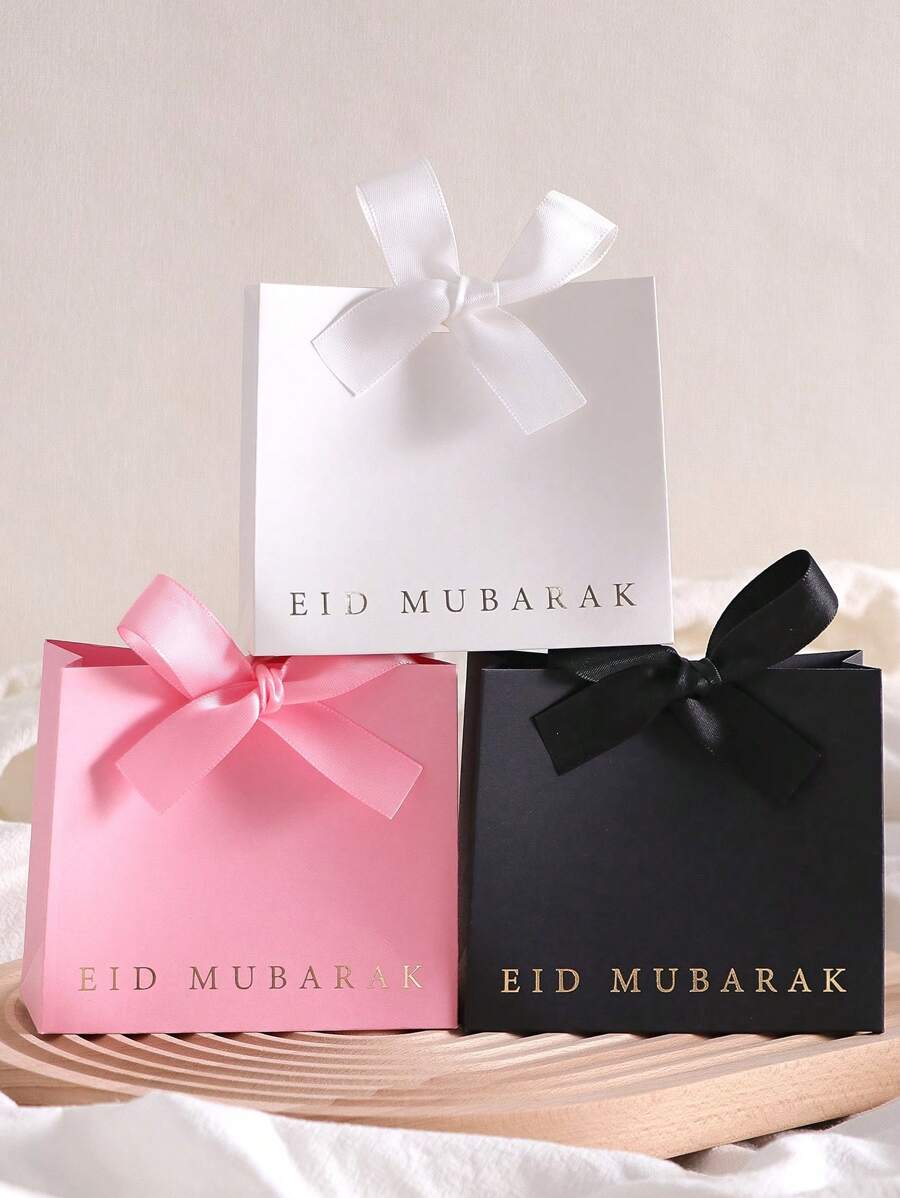 5 piezas, Cajas de regalo mini laminadas Eid Mubarak, negras, blancas y rosas clásicas, con cinta elegante, tamaño: 11,5 * 10 * 4,5 cm - Perfectas para regalar caramelos, chocolates y pequeños recuerdos