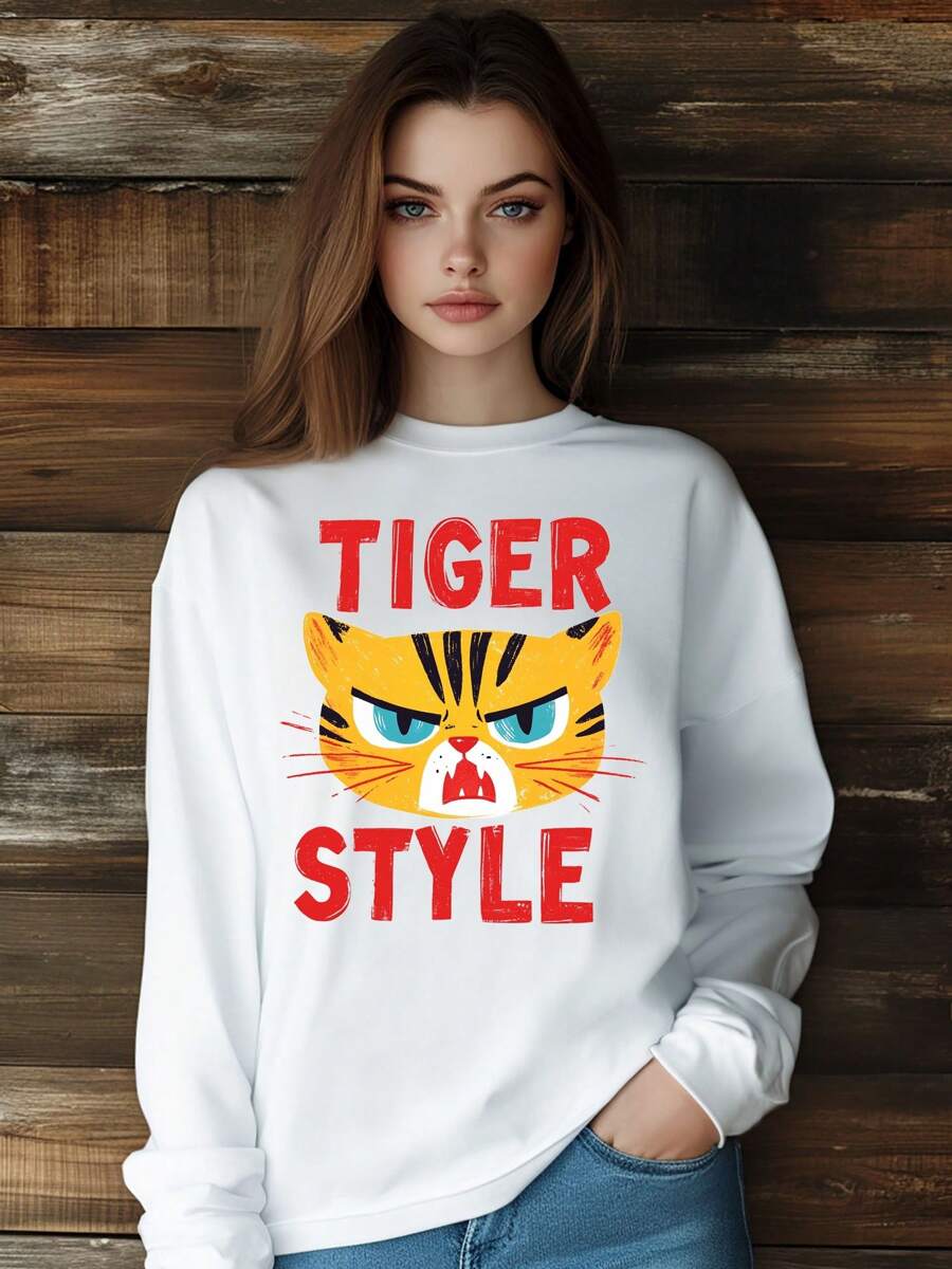 Women Tiger Cartoon Kawaii T-Shirt Fashion Print Long Sleeve Round-Neck Loose Fit Tops Streetwear