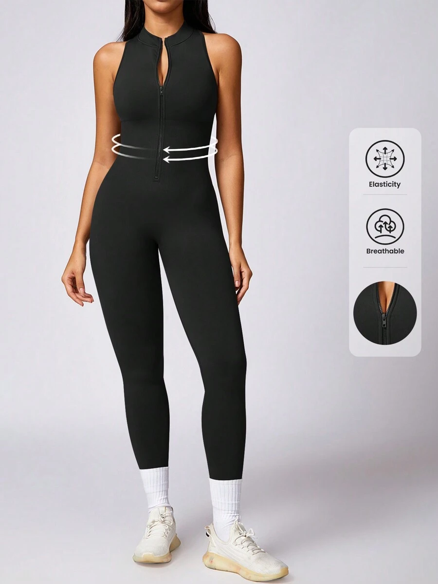 DINBEY Mono sin mangas de unicolor con cremallera para mujeres, ideal para yoga y actividades al aire libre, que levanta las caderas y estiliza el vientre. Apto para primavera y verano.