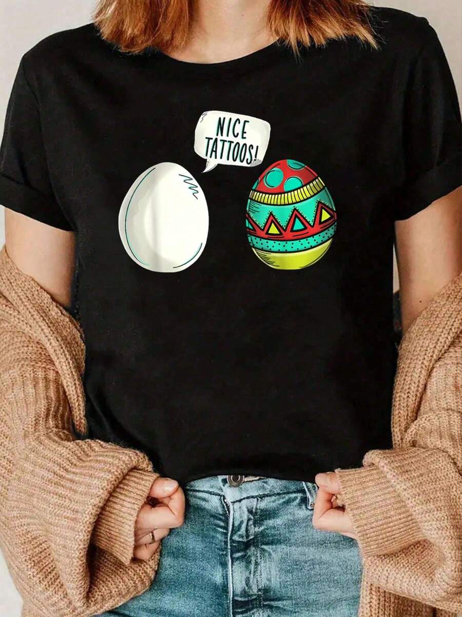 Nice Tattoos Easter Egg Cute Bunny Rabbit Funny T-Shirt Print Crew Neck T-Shirt, Women Graphic T Shirts, Casual Short Sleeve T-Shirt For Spring & Summer, Women's Clothing