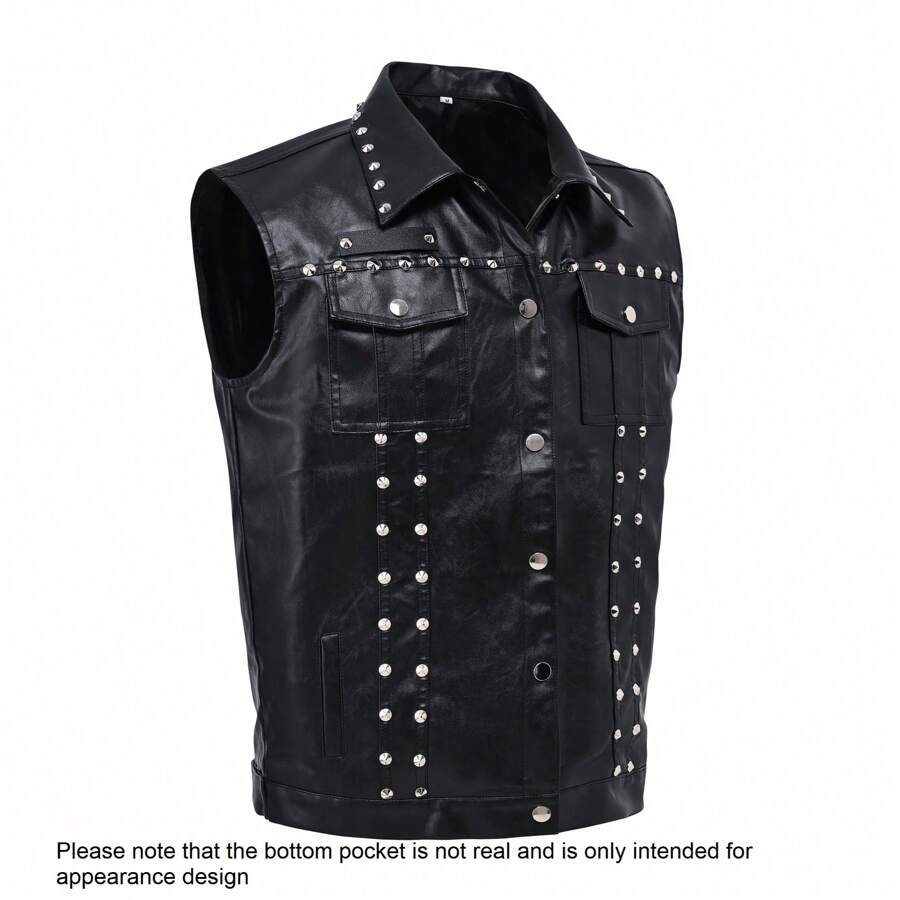Men's Studded Biker Vest, Vintage Style Punk Rock Faux Leather Waistcoat For Street Performance, Exaggerated Fashion Series