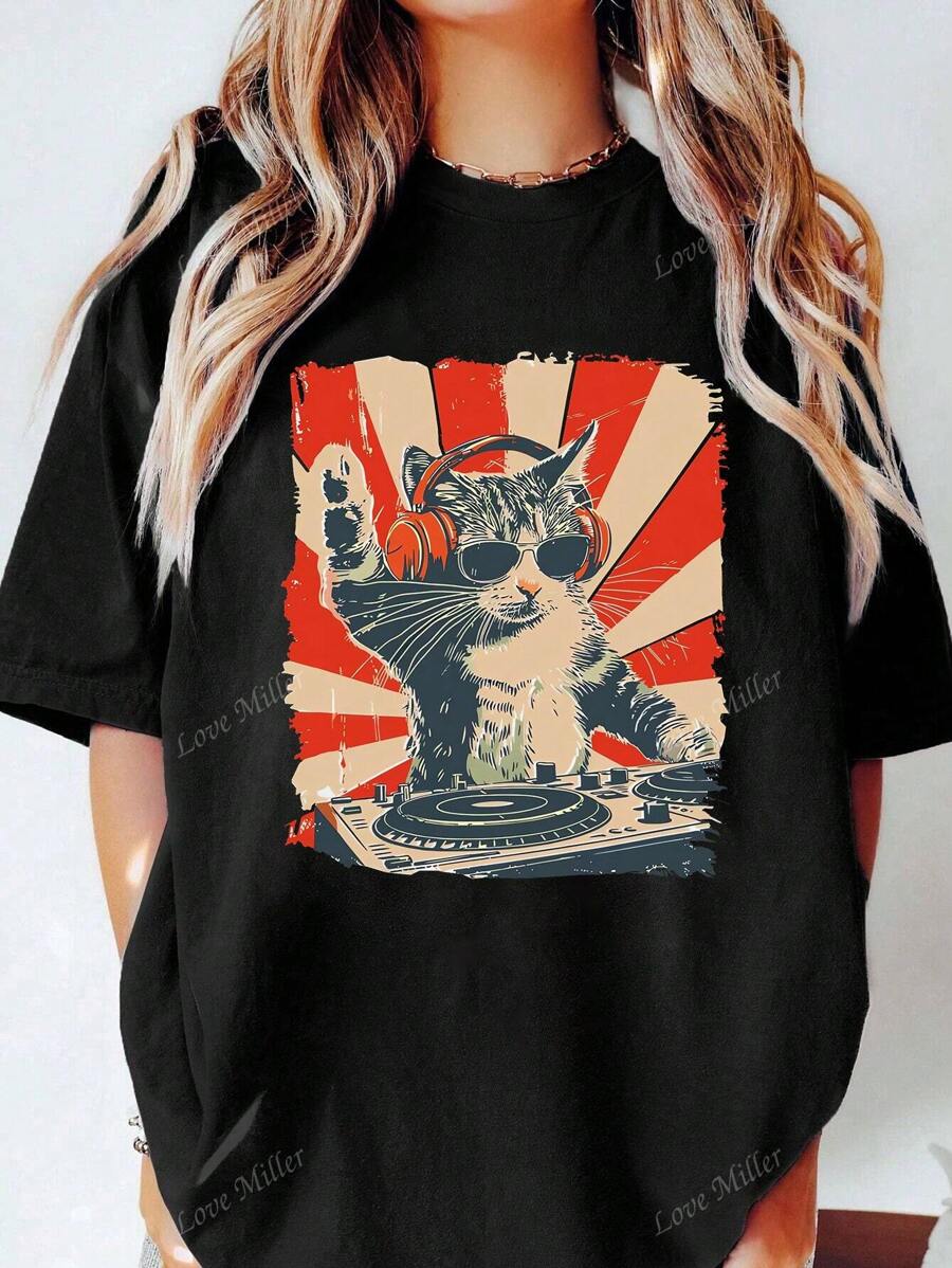 Vestido de estilo camiseta de verano para mujer con cuello redondo y manga corta, con estampado gráfico personalizado de amante de los gatos DJ para festival de música
