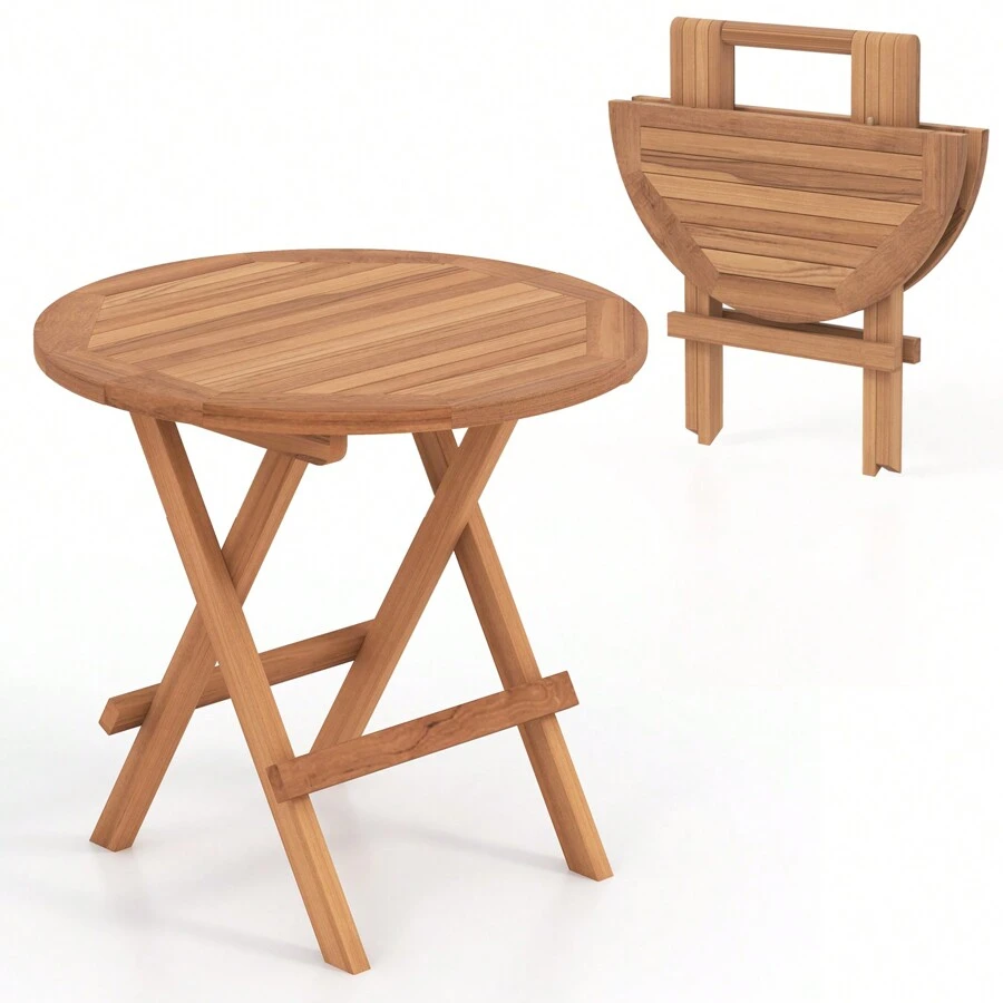 Lifezeal Patio Folding Side Table Indonesia Teak Wood Round Slatted Tabletop Portable Camping